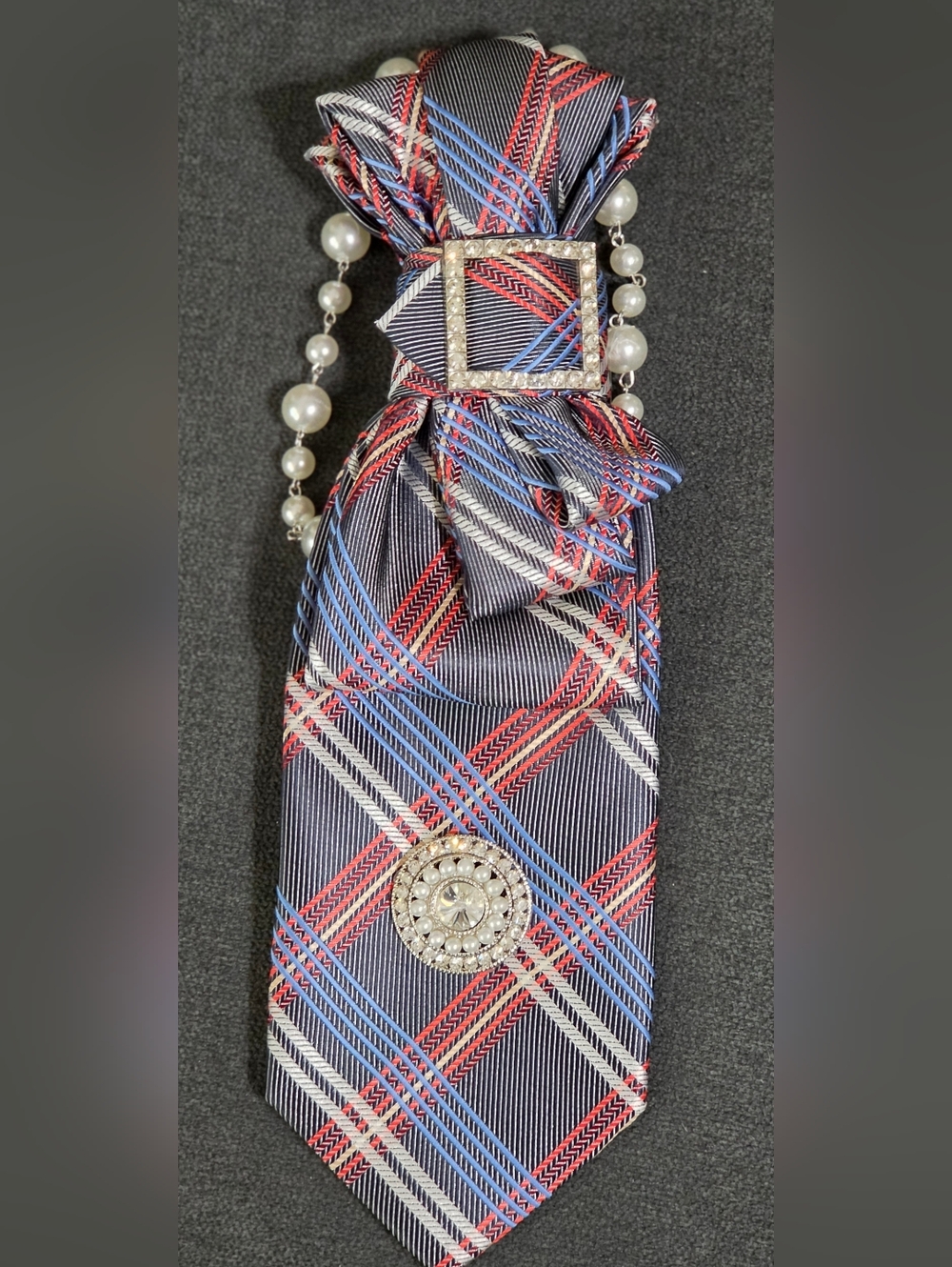 Plaid Bow Tie Pendant with Pearl Chain and Crystal Accents - White, Blue & Red